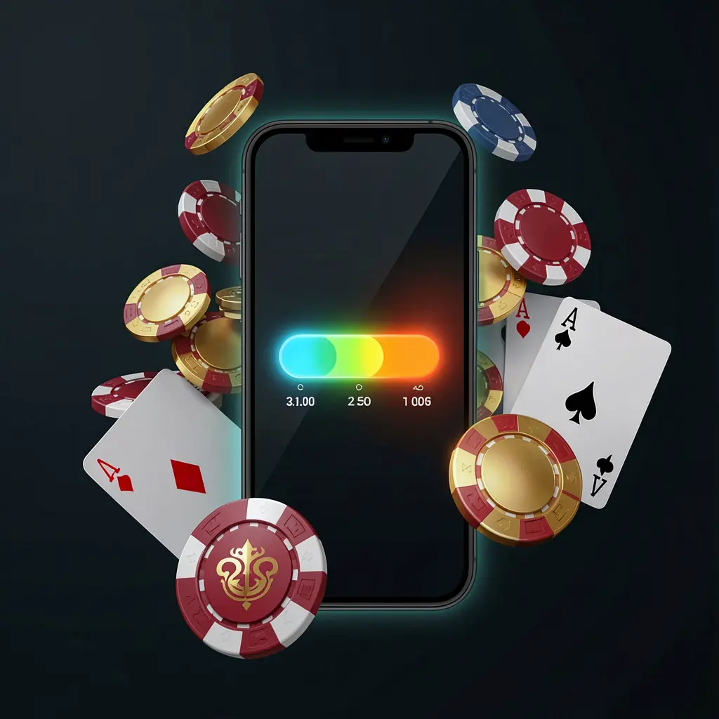 TK234 casino app installation on a smartphone with a glowing progress bar, surrounded by coins, chips, and cards on a dark background, showcasing premium mobile gaming design