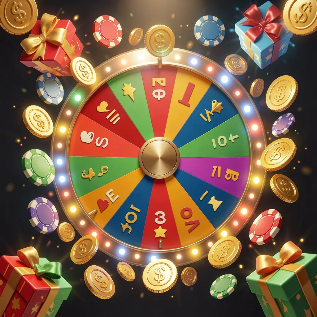 TK234 online casino bonus wheel with colorful prize wheel surrounded by golden coins, chips, and gift boxes, glowing casino lights creating an exciting jackpot atmosphere on a dark background