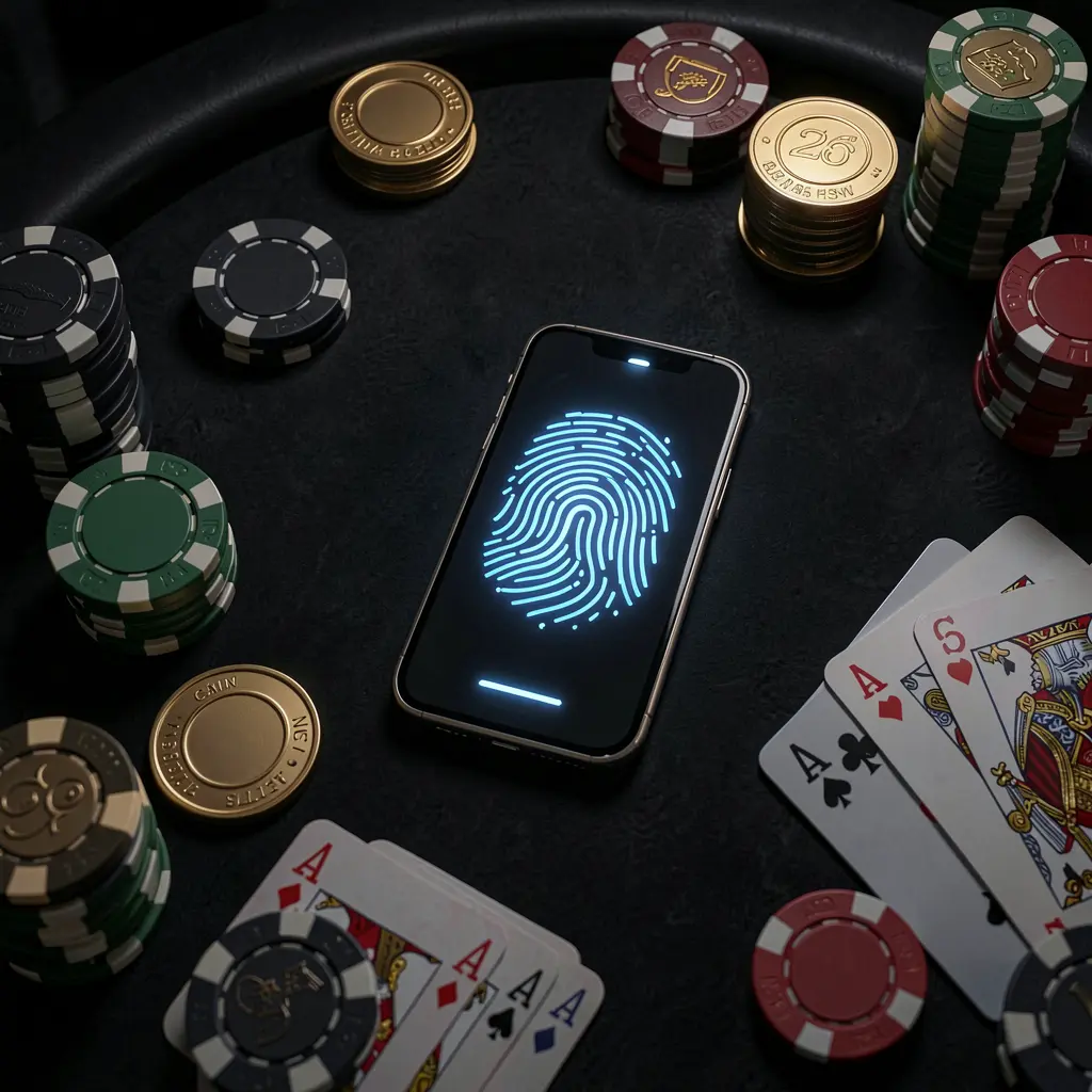 TK234 online casino authentication concept showing a phone with fingerprint scan glow on a premium black table surrounded by poker chips, golden coins, and playing cards in a cinematic 3D render