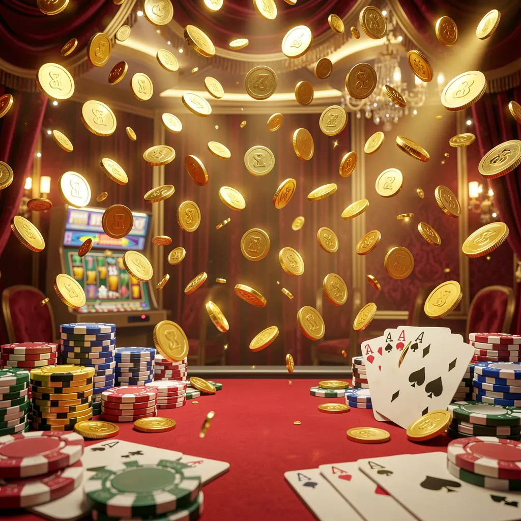 TK234 online gaming platform homepage banner featuring bright casino lights, golden coins raining, poker chips and playing cards in the foreground with a luxury red and gold atmosphere in a high detail 3D render